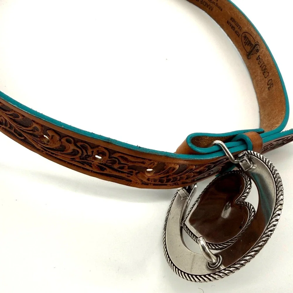 Justin Womens 30 Leather Belt Western Tooled Horseshoe Heart Buckle Teal Cowgirl